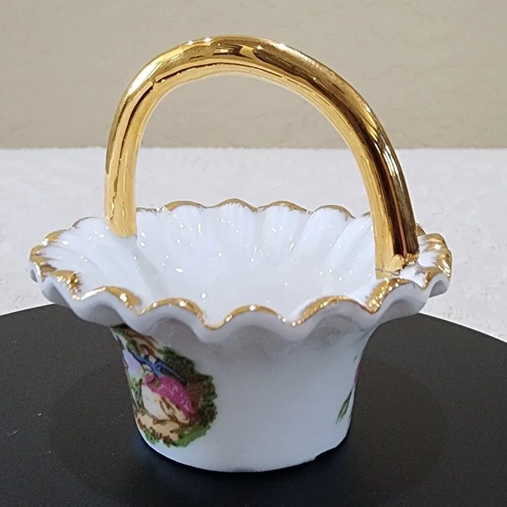 Courting Couple SALT Handled MINI Basket Vintage BRINTON Bone China Gold Accent
